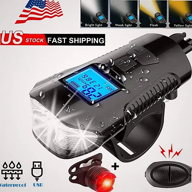 USB Rechargeable LED Cycle Bike Headlight + Rear Light Horn Speedometer Odometer